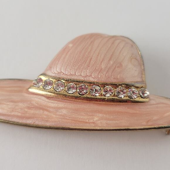 Vintage Pink Peach Enamel Hat Brooch Pin with Rhinestones, 2.17" Wide, Gift Box - Picture 7 of 8